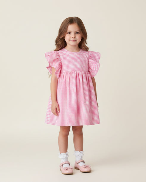 Rochie din bumbac cu maneci crete si carouri roz
